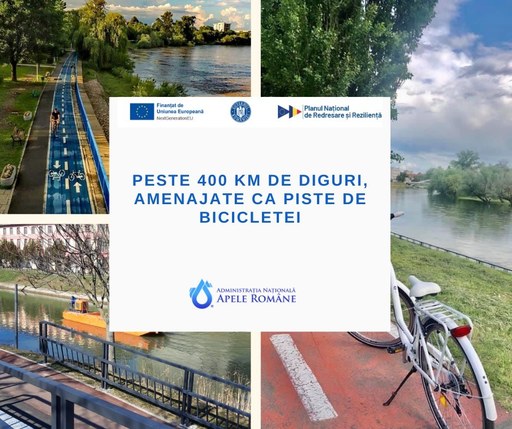 Apele Române: Peste 400 de kilometri de piste de biciclete vor fi amenajate pe digurile de protecţie, prin PNRR