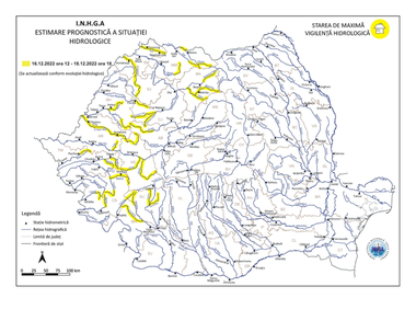 Cod galben hidrologic, începând de vineri, în 17 bazine hidrografice din ţară/ Sunt aşteptate depăşiri ale cotelor de atenţie, în contextul scurgerilor importante pe versanţi, torenţi şi pâraie