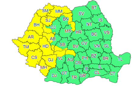 Cod galben de ploi abundente, în 17 judeţe din Banat, Crişana, Maramureş, nord-vestul Olteniei şi din zona de munte - HARTA