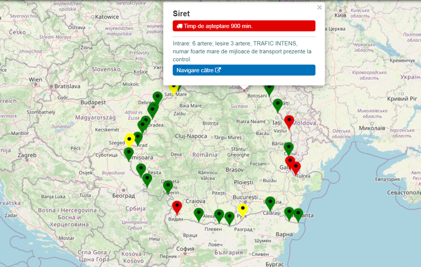 Coloană de camioane de 25 de kilometri, la Vama Siret / Pentru ieşirea din ţară se aşteaptă 900 de minute / Timpi de aşteptare şi în vămile de la Calafat, Albiţa, Isaccea şi Galaţi 