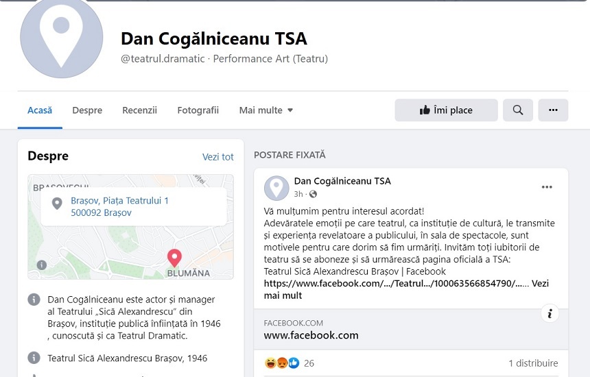 Dispută între conducerea Primăriei  Braşov şi managerul teatrului din oraş, după ce acesta din urmă a preluat pe numele său pagina de Facebook a instituţiei pe care o conduce
