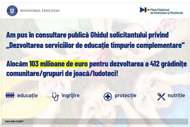  Ministerul Educaţiei anunţă că a lansat în consultare publică Ghidul Solicitantului privind apelul ”Dezvoltarea serviciilor de educaţie timpurie complementare”, finanţat prin PNRR