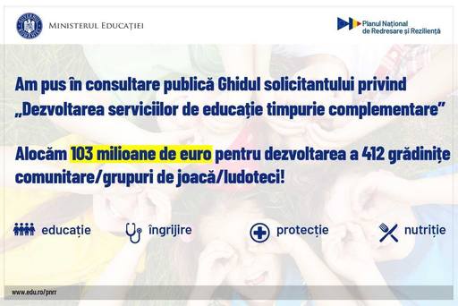  Ministerul Educaţiei anunţă că a lansat în consultare publică Ghidul Solicitantului privind apelul ”Dezvoltarea serviciilor de educaţie timpurie complementare”, finanţat prin PNRR