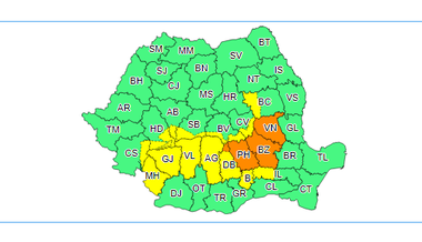 Informarea meteorologică de precipitaţii moderate cantitativ, polei, intensificări ale vântului, prelungită până joi la prânz / Cod galben de ploi şi vânt şi cod portocaliu de precipitaţii abundente până miercuri seară, în mai multe judeţe - HARTA