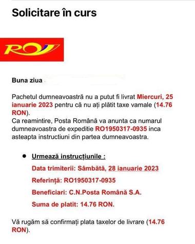 Directoratul Naţional de Securitate Cibernetică avertizează asupra mesajelor capcană trimise în numele Poştei Române, al unor bănci sau al unor firme de curierat
