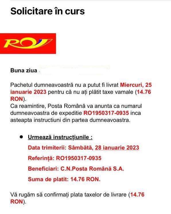Directoratul Naţional de Securitate Cibernetică avertizează asupra mesajelor capcană trimise în numele Poştei Române, al unor bănci sau al unor firme de curierat
