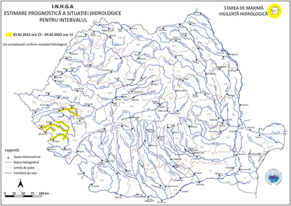 Institutul Naţional de Hidrologie şi Gospodărire a Apelor: Râuri din vestul ţării, sub incidenţa codului galben hidrologic, până duminică
