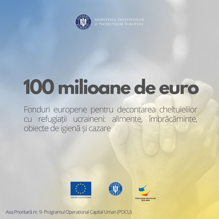 Ministerul Proiectelor Europene: Fonduri europene pentru decontarea cheltuielilor cu refugiaţii ucraineni, în valoare de 100 de milioane de euro, pentru alimente, îmbrăcăminte, obiecte de igienă şi cazare
