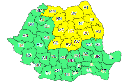 Cod galben de ger şi vreme deosebit de rece, în 13 judeţe din Transilvania, Maramureş şi Moldova