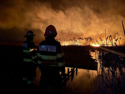 Tulcea: Incendiu de vegetaţie şi stuf în apropiere de Satu Nou/ Au ars 30 de hectare, dar din cauza vântului focul continuă să se propage şi poate pune în pericol grajduri şi anexele unei ferme - VIDEO
