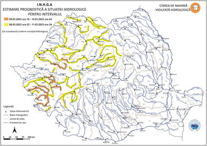 Coduri galben şi portocaliu privind depăşiri ale cotelor de apărare pe râuri din 19 bazine hidrografice
