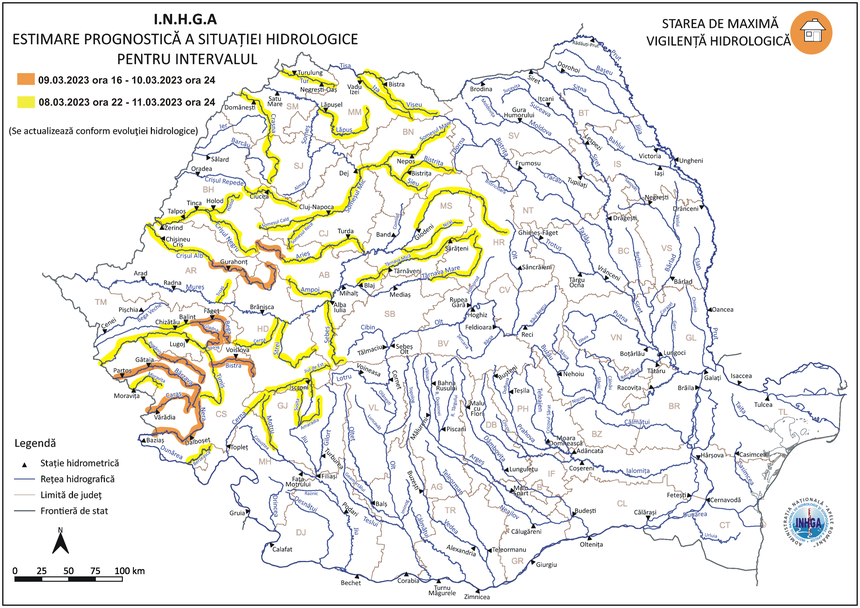 Coduri galben şi portocaliu privind depăşiri ale cotelor de apărare pe râuri din 19 bazine hidrografice
