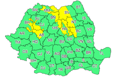 Cod galben de vânt puternic, în zona Munţilor Apuseni şi a Carpaţilor Orientali/ Un alt Cod galben, de ploi însemnate cantitativ, vizează zona Carpaţilor Occidentali şi vestul Carpaţilor Meridionali 
