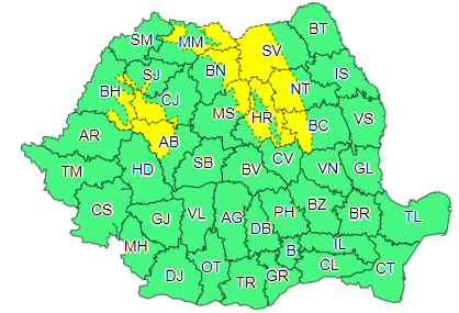 Cod galben de vânt puternic, în zona Munţilor Apuseni şi a Carpaţilor Orientali/ Un alt Cod galben, de ploi însemnate cantitativ, vizează zona Carpaţilor Occidentali şi vestul Carpaţilor Meridionali 