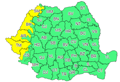 Ploi în cea mai mare parte a ţării, începând de miercuri după-amiază, dar şi lapoviţă şi ninsoare în unele zone din Maramureş, Transilvania şi vestul Moldovei/ Cod galben de vânt în cinci judeţe din vestul ţării