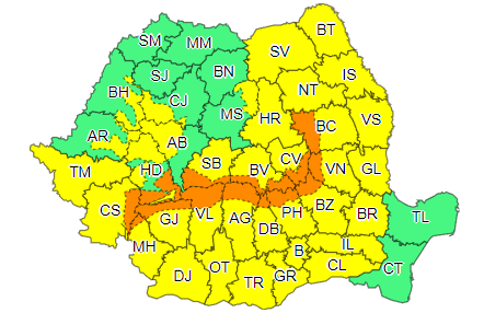 Cod galben de vreme deosebit de rece, ploi, dar şi lapoviţă şi ninsoare, în estul, sudul, centrul şi sud-vestul ţării/ Cod portocaliu de ninsori abundente, în Carpaţii Meridionali şi sudul Carpaţilor Orientali