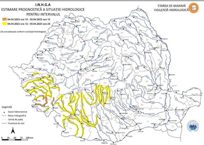 Hidrologii au actualizat avertizările pentru cursuri de apă din mai multe judeţe din vestul şi sud-vestul ţării/ Râuri din Caraş-Severin, sub avertizare Cod portocaliu