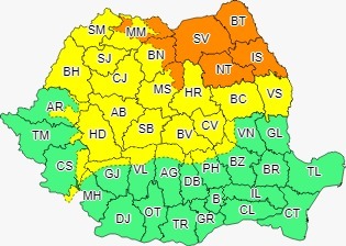 Cod galben de ninsori, intensificări ale vântului şi polei, până vineri, în nordul şi centrul Moldovei, Maramureş, Transilvania, nordul Crişanei şi la munte/ Cod portocaliu de ninsori viscolite, în şapte judeţe