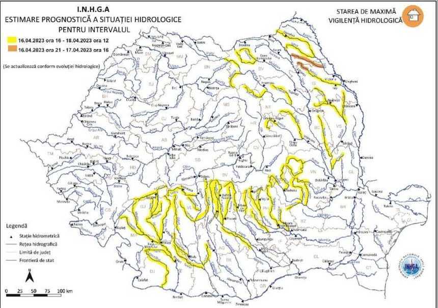 Cod portocaliu hidrologic în judeţele Botoşani şi Iaşi, de duminică seară până luni / Cod galben în alte judeţe din estul şi sudul ţării vizând scurgeri pe versanţi, torente şi viituri