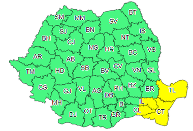 Ploi şi intensificări ale vântului, în centrul, sudul şi estul ţării, până joi seară/ Cod galben de ploi abundente, în judeţele Tulcea, Constanţa, Călăraşi şi Ialomiţa