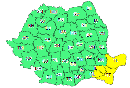Ploi şi intensificări ale vântului, în centrul, sudul şi estul ţării, până joi seară/ Cod galben de ploi abundente, în judeţele Tulcea, Constanţa, Călăraşi şi Ialomiţa