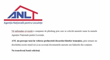 Agenţia Naţională pentru Locuinţe, implicată într-o tentativă de fraudă cu mijloace de plată electronice / Agenţia transmite că nu percepe taxe pentru prelucrarea dosarelor