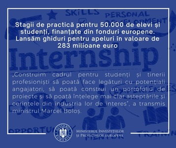 Ministerul Investiţiilor şi Proiectelor Europene anunţă stagii de practică pentru 50.000 de elevi şi studenţi, finanţate din fonduri europene / Ministerul lansează ghiduri pentru apeluri în valoare de 283 milioane euro

