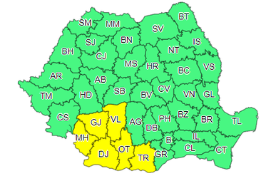 Cod galben de ploi abundente, începând de marţi seară, în şase judeţe din Oltenia şi sud-vestul Munteniei