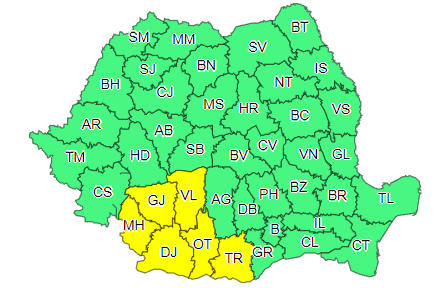 Cod galben de ploi abundente, începând de marţi seară, în şase judeţe din Oltenia şi sud-vestul Munteniei