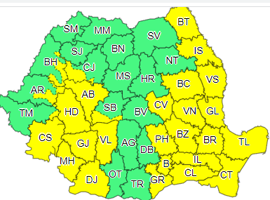 Cod galben de furtuni, în Bucureşti şi în 27 de judeţe, de la prânz până la ora 23.00