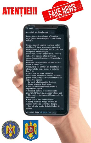 IGSU dezminte un fake news: Nu ne aparţine mesajul care circulă pe WhatsApp referitor la măsurile de autoprotecţie pentru populaţie în cazul contaminării radioactive a mai multor regiuni din ţară