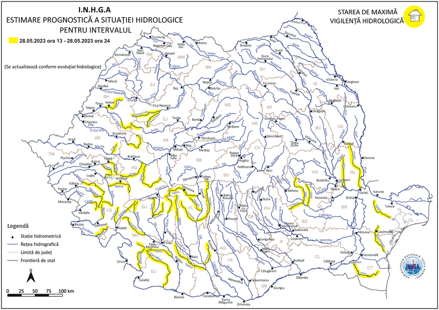 Avertizare hidrologică cod galben, emisă duminică şi valabilă până la miezul nopţii / Scurgeri pe versanţi şi viituri rapide se pot produce pe unele râuri din Bihor, Caraş Severin şi Tulcea