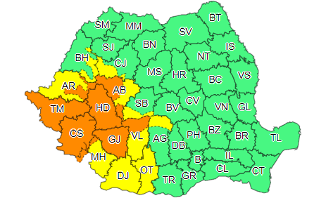 Cod portocaliu de ploi torenţiale, până miercuri seară, în Caraş-Severin, Hunedoara, Timiş, Gorj, Vâlcea, Alba şi Arad/ Cod galben de furtuni, cu descărcări electrice şi vânt puternic, în alte zece judeţe