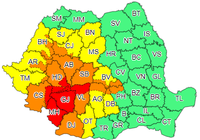 Coduri galben şi portocaliu de ploi torenţiale, cu descărcări electrice şi grindină, în jumătatea de vest a ţării/ Cod roşu de ploi abundente, în judeţele Mehedinţi şi Gorj şi zona de munte a judeţelor Caraş-Severin, Vâlcea şi Hunedoara