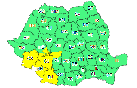 Cod galben de ploi şi descărcări electrice, în Caraş-Severin, Dolj, Gorj, Hunedoara, Mehedinţi şi Vâlcea/ Instabilitate atmosferică în cea mai mare parte a ţării, până luni