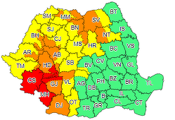 Cod galben de ploi şi vijelii, în Crişana, nordul Banatului, Maramureş, Transilvania, nord-vestul Moldovei şi estul Olteniei/ Cod portocaliu, în jumătatea de vest a Olteniei, sudul Banatului şi la munte/ Patru judeţe, sub Cod roşu de ploi abundente