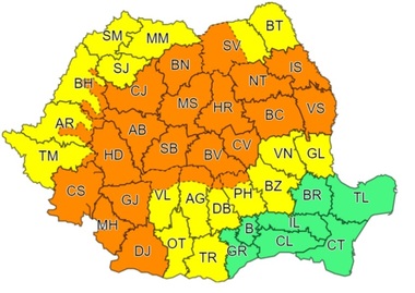 Cod galben de furtuni, în cea mai mare parte a ţării, până duminică/ 24 de judeţe din Transilvania, Moldova, vestul Olteniei şi sudul Banatului, sub Cod portocaliu de ploi torenţiale/ Cod galben de caniculă în Muntenia, sudul Moldovei, Oltenia şi Dobrogea