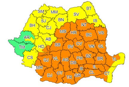 Coduri galben şi portocaliu de vijelii, cu grindină şi ploi torenţiale, miercuri, în aproape toată ţara/ Cod roşu de caniculă, în judeţele Teleorman, Giurgiu, Ilfov, Călăraşi, Ialomiţa, Brăila, Galaţi, vestul judeţului Constanţa şi în municipiul Bucureşti