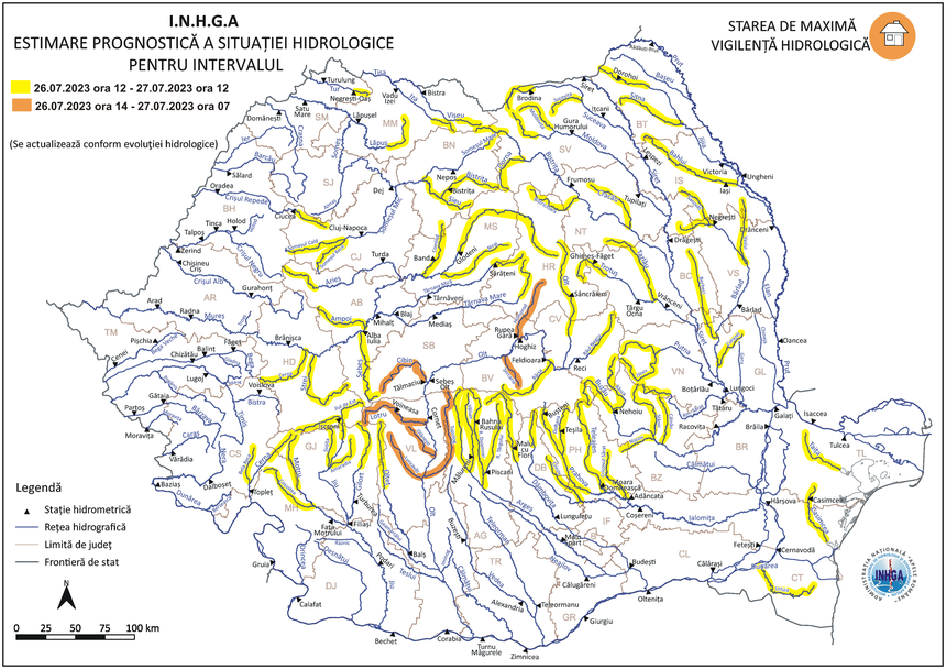 Risc de viituri rapide, cu posibile efecte de inundaţii locale în mai multe judeţe, până joi/ Cod portocaliu, pe râuri din judeţele Braşov, Harghita, Sibiu, Vâlcea şi Argeş