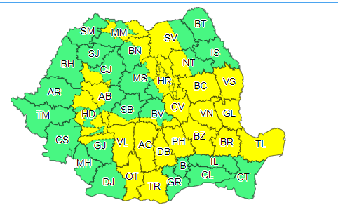 Cod galben de instabilitate atmosferică, până luni seară, în majoritatea regiunilor ţării / Ulterior, până marţi dimineaţă, fenomenele meteorologice se vor înregistra în Tulcea şi Constanţa

