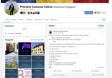Primăria unei comune din Buzău vrea să angajaze o persoană ca agent de pază şi dispecer: ”Să fie ok ca om”, se precizează în anunţul de angajare