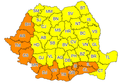 Cod galben de caniculă şi disconfort termic ridicat, sâmbătă şi duminică, în toată ţara/ Cod portocaliu în Banat, cea mai mare parte a Crişanei, sudul Olteniei şi al Munteniei/ Duminică se extinde Codul portocaliu