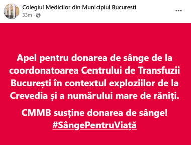 Colegiul Medicilor din Municipiul Bucureşti, apel pentru donare de sânge, după exploziile care au avut loc la staţia GPL din Crevedia
