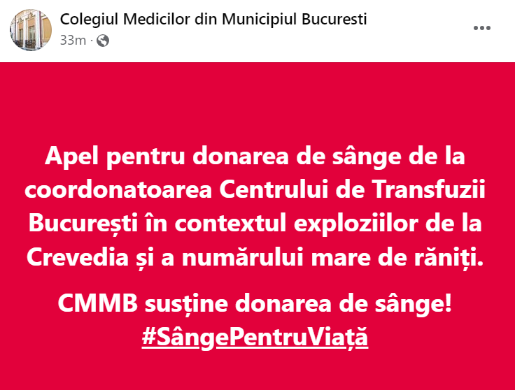 Colegiul Medicilor din Municipiul Bucureşti, apel pentru donare de sânge, după exploziile care au avut loc la staţia GPL din Crevedia
