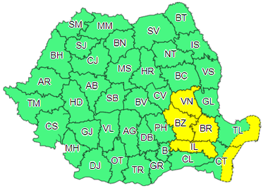 Cod galben de vânt puternic, de luni seară, în nord-estul Munteniei, sud-vestul Moldovei, în zona Carpaţilor de Curbură şi pe litoral