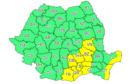 Cod galben de vânt puternic, până marţi seară, în Bucureşti şi în zece judeţe din sud-vestul Moldovei, Muntenia, zona Carpaţilor de Curbură şi de pe litoral