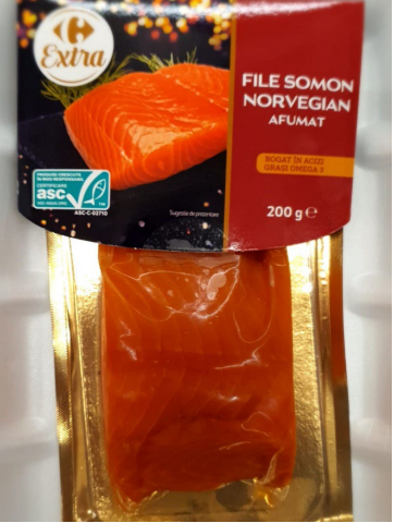 File de somon norvegian afumat, produs de OCEAN FISH, retras de la comercializare de Carrefour / Cumpărătorii sunt sfătuiţi să nu consume produsul, întrucât s-a detectat bacteria Listeria monocytogenes  - LOTURILE 