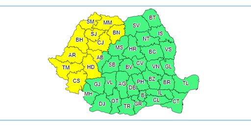 ANM - Avertizare cod galben de ploi şi vijelii pentru zone din vestul şi nord-vestul ţării valabilă până vineri dimineaţă - HARTA