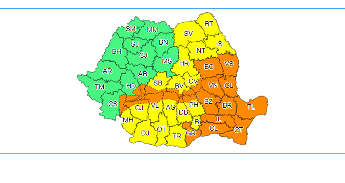 ANM - De sâmbătă, de la ora 10, cod galben de vânt şi precipitaţii în Oltenia, Muntenia, Dobrogea, Moldova, în sudul şi estul Transilvaniei şi cod portocaliu de precipitaţii în 6 judeţe / Din această noapte, cod portocaliu de viscol în sud-estul ţării