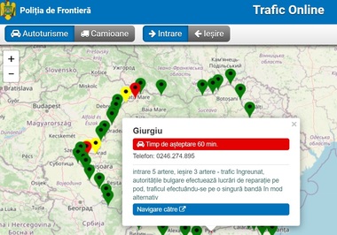 Trafic îngreunat la intrarea În România dinspre Bulgaria, pe la Giurgiu. În ţara vecină se fac lucrări pe pod, fiind deschisă doar o bandă pe care se circulă alternativ. Aglomeraţie este şi la vămile Petea şi Albiţa 
